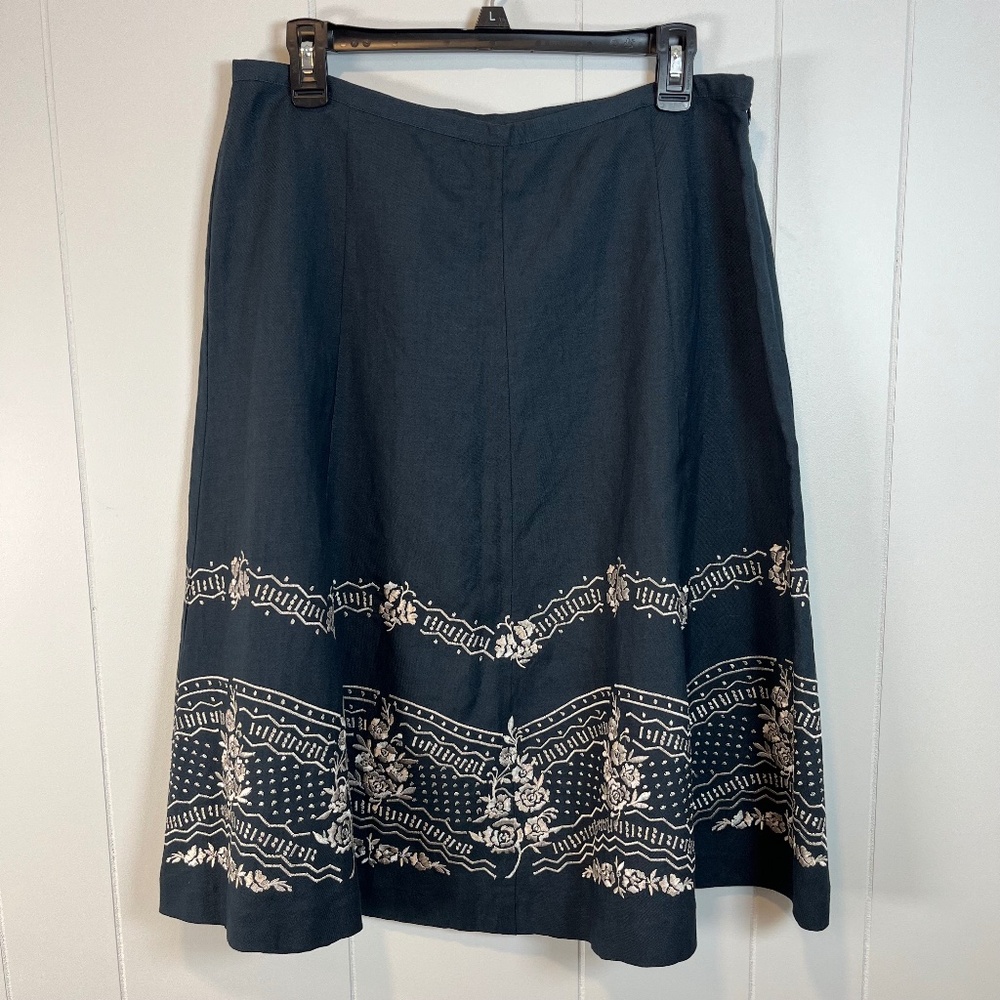 Artsy Sz 12 Navy Blue Midi Skirt w/ Embroidery Bohemian Cottagecore Countrycore